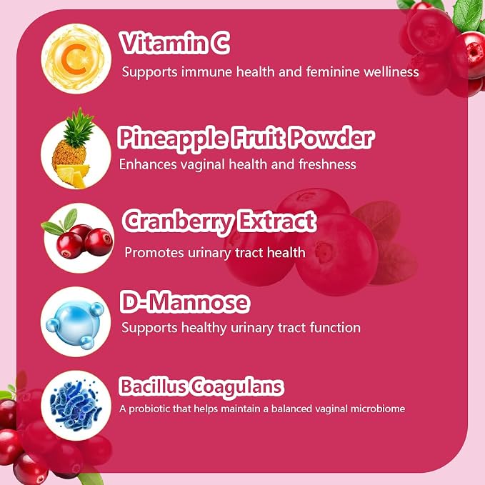 Suiyilary Feminine Probiotics Gummies, Vaginal Health & Women's pH Balance Gummy Supplement with Cranberry Pineapple Powder, Sugar Free Vegan, 60 Count (Cranberry)