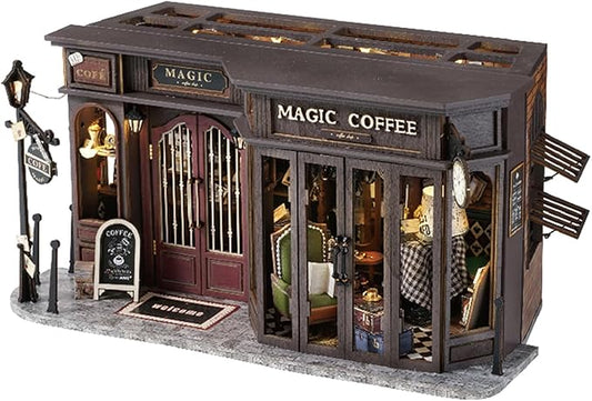 MAGQOO DIY Miniature Dollhouse Kit with Furniture 1:24 Scale Creative Room Mini Wooden Doll House Accessories DIY Miniature House Kit (Vintage Coffee Shop)