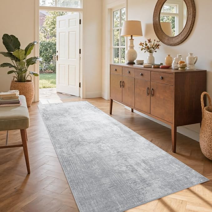 2x6 Ft Washable Runner Rug, Non-Slip Low Pile Hallway Kitchen Area Rug, Soft Long Entryway Floor Mat Abstract Pattern Carpet for Bedside & High-Traffic Areas (Grey)
