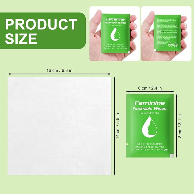 twoworld 50 Feminine Wipes Flushable Travel Individually Wrapped | Travel Wipes for Women,Feminine Care Wet Wipes Travel Size Vaginal Wipes for Adult,Girl and Homeless(Cucumber)
