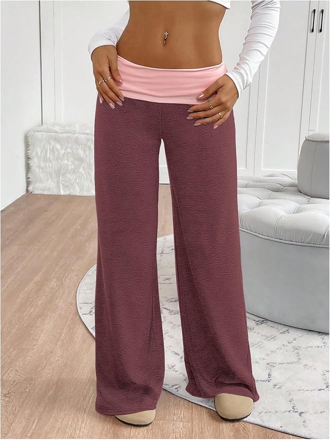 SOLY HUX Women's Sweatpants Color Block Low Rise Fold Over Waist Baggy Wide Leg Pants
