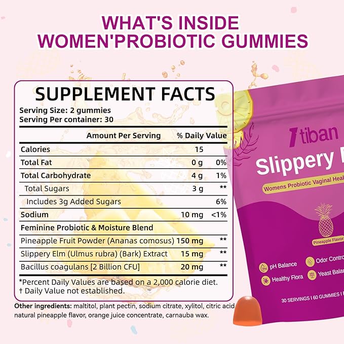 Slippery Elm Feminine Probiotic Moisture Gummies, pH Balance, Vaginal Flora, Odor Health with Bacillus coagulans, Delicious Pineapple Flavor, 60 Count