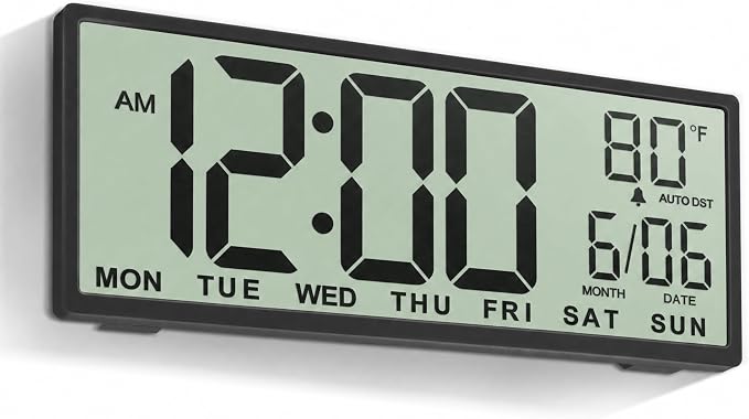 JALL Large Digital Wall Clock Battery Operated, Wall Clock with Big Numbers LCD Display, Digital Clock with Date Day Temperature, Alarm, Auto DST, Clocks for Office, Gym, Bedroom, Elderly- Black