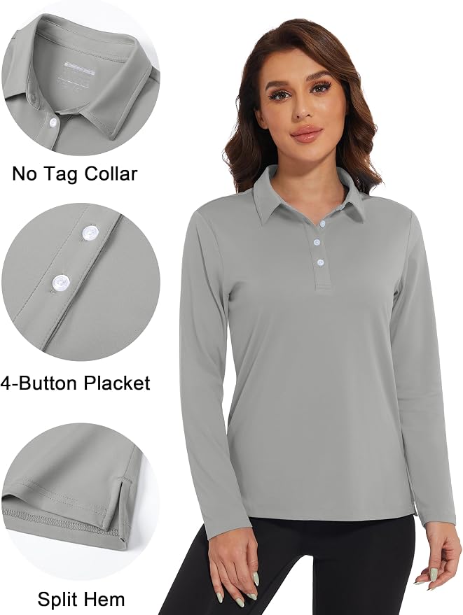 MAGCOMSEN Long Sleeve Polo Shirts for Women Golf Tops with Collar Work | UPF 50+ Sun Protection, 4 Buttons, Moisture Wicking, Breathable, 4-Way Stretch, Collared, Quick Dry, Active, Casual, Tennis