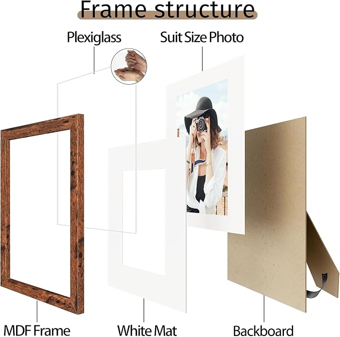 Picrit 8.5x11 Picture Frame Set of 12, Display 6x8 with Mat or 8.5 x 11 without Mat, Photo Frames for Wall Mounting or Table Top Display, Brown