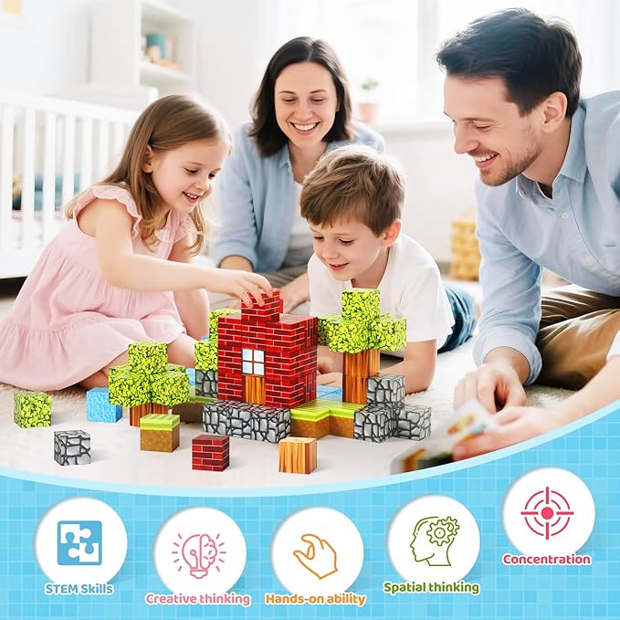 Cameparck Magnetic Blocks Building Toys, Magnetic Tiles STEM Montessori Sensory Toys for Kids Age 3+, Cubes Construction Toys Christmas Birthday Gifts for Boys & Girls - 48pcs(1 in)|Forest World
