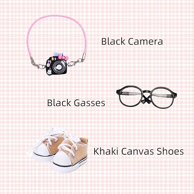 17cm Doll Designer Clothes Set, La-Booboo Doll Halloween Outfit Set Accessories with Tshirt, Yellow Overall, Black Camera, Glasses, Shoes, Khaki Bucket Hat, Yellow