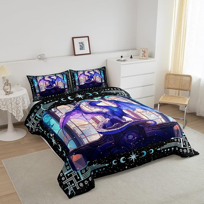 Feelyou Dragon Comforter Set King Size Comforter for Boys Girls Teens Modern Bedding Set Dragon Decor Duvet Set Room Decor Purple Quilt Set