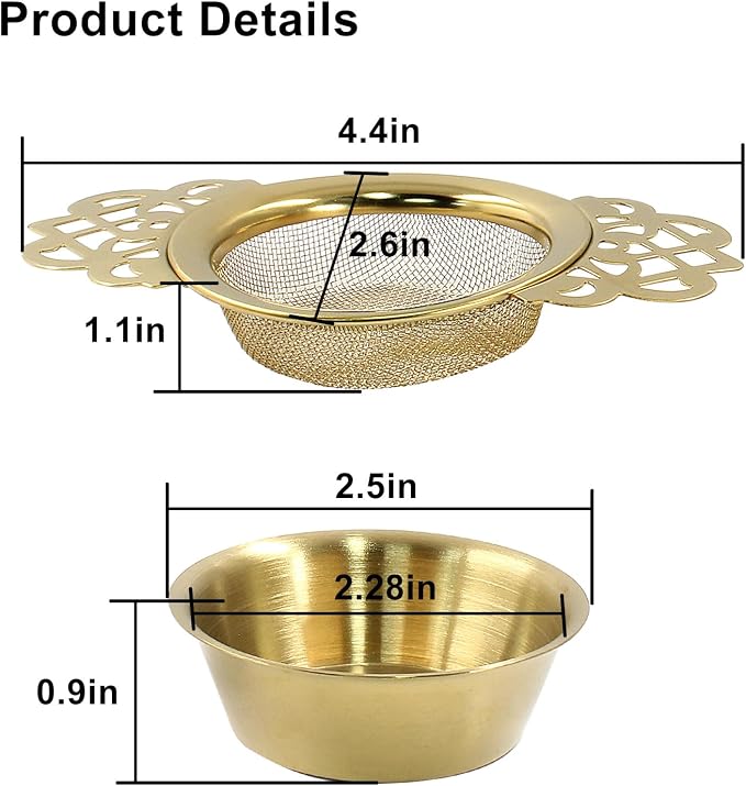 2 Pack Tea Strainers with Drip Bowls, Stainless Steel Tea Strainer Bowl Loose Leaf Tea Filter for 2.5-4 Inch Cup Mouth (Gold)