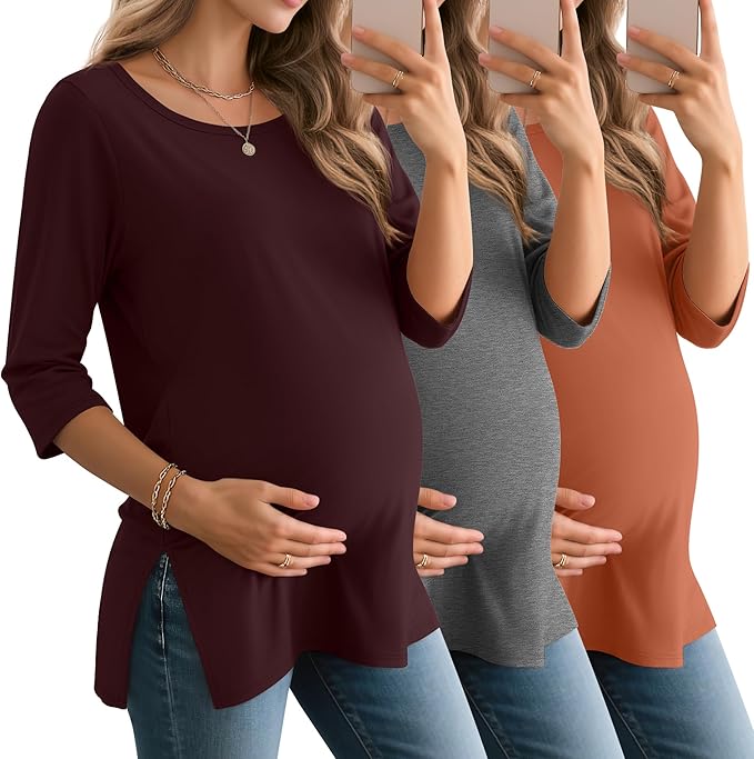 3 Pack Women's 3/4 Sleeve Maternity Shirts Elbow Length Clothes Round Neck Tunics Pregnancy Loose Side Split Tops