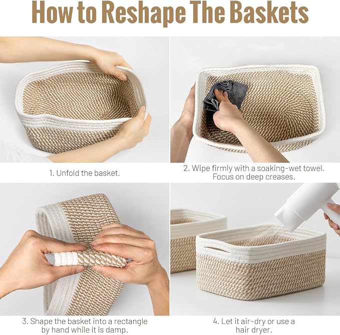 5 Pack Small Woven Storage Baskets for Shelves, Gift Baskets Empty | 11.8"x7.9"x4.7", Decorative Cotton Rope Baskets Organizer, Storage Bins for Organizing Bathroom, Closet, Nursery, Khaki/White
