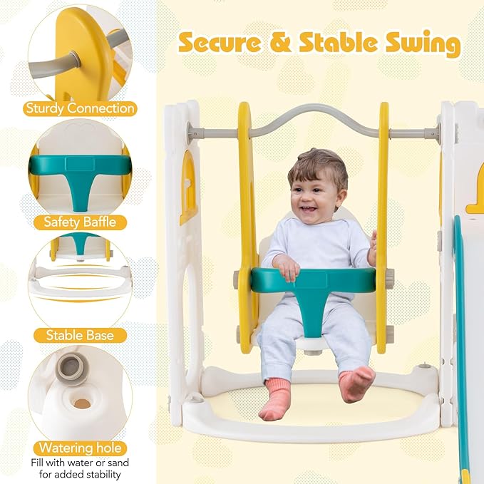 Costzon 7 in 1 Toddle Swing and Slide Set, Freestanding Toddler Slide Playset w/Swing, Basketball Hoop, Kids Slide for Toddler Age 1-3 Playground w/Storage Space, Gifts for Boys Girls (Yellow)