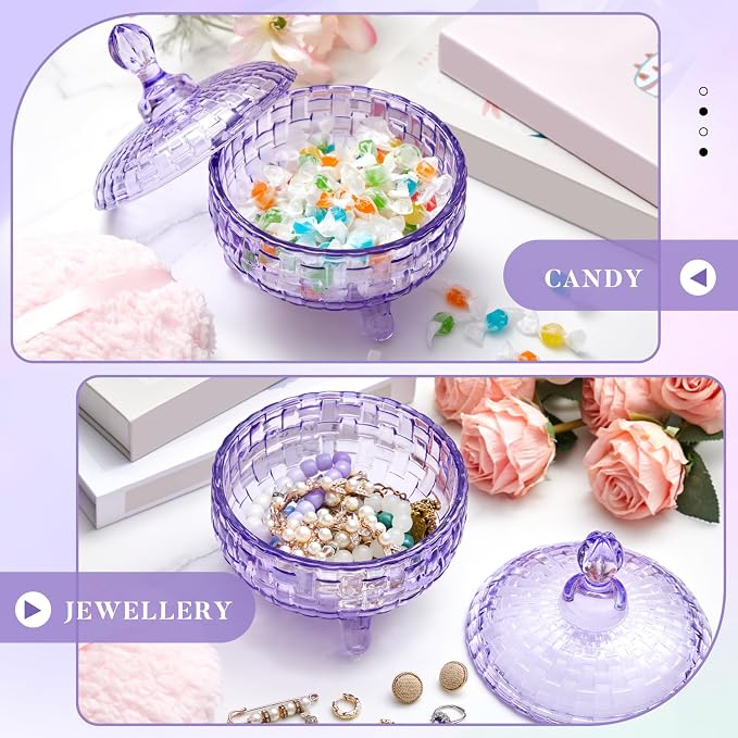 Tioncy 2 Pcs Extra Large Dusting Powder Puff and Container for Women-6'' Glass Crystal Dusting Powder Container with Body Soft Washable Reusable Velour Face(Purple,Weave Design)