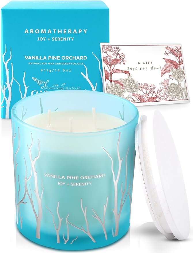 Vanilla Pine Orchard Candle | 14.5oz Large 3 Wick Soy Wax Candle for Home | Strongly Scented Winter Apple Vanilla Aromatherapy Candle | Long Lasting, Clean Burn | Stress Relief Gift for Women & Men