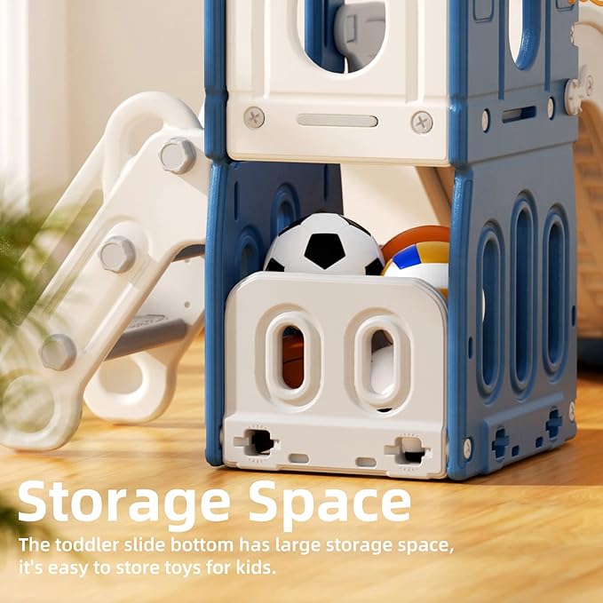 Glaf 7 in 1 Toddler Slide Indoor Outdoor Playset Kids Slide for Toddlers Age 1-3 Baby Slide with Basketball Hoop and Ball Storage Space and Telescope Freestanding Climber Slides Toys (Blue)