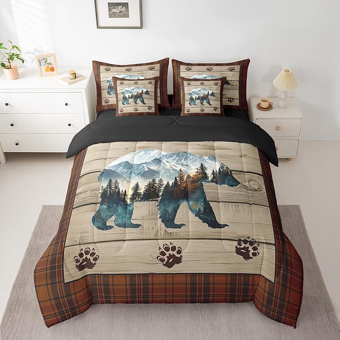 Feelyou Rustic Bear Comforter Set with Sheets Wild Animal Bear Full Size 7 Piece Bedding Set Kids Boys Girls Hunting Theme Bed in a Bag Rustic Cabin Country Room Decor