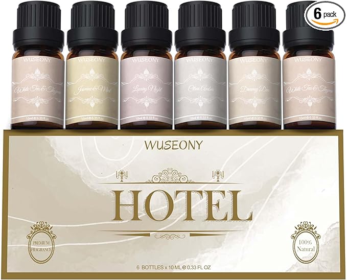 WUSEONY Hotel Diffuser Oils Gift Set, Aromatherapy Essential Oil Set, Luxury Hotel Scents for Diffuser for Home – White Tea & Thyme, Jasmine & Mint, Citrus Amber, Luxury Night, Dreamy Den, Urban Oasis