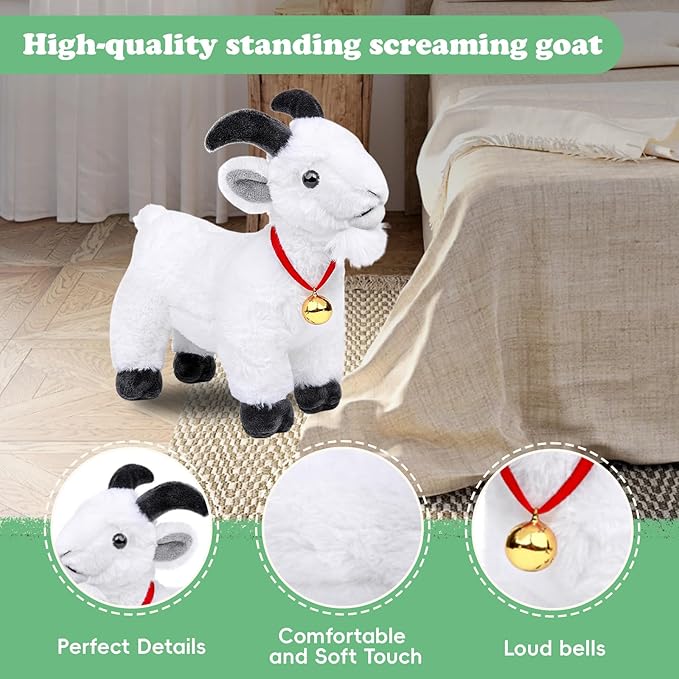 Screaming Standing White Goat with Bell Plush Animal Toy 10in, Realistic Screaming Goat Plush Toy, Cute and Funny White Goat Animal Plushies Model Gift Collection for Kids