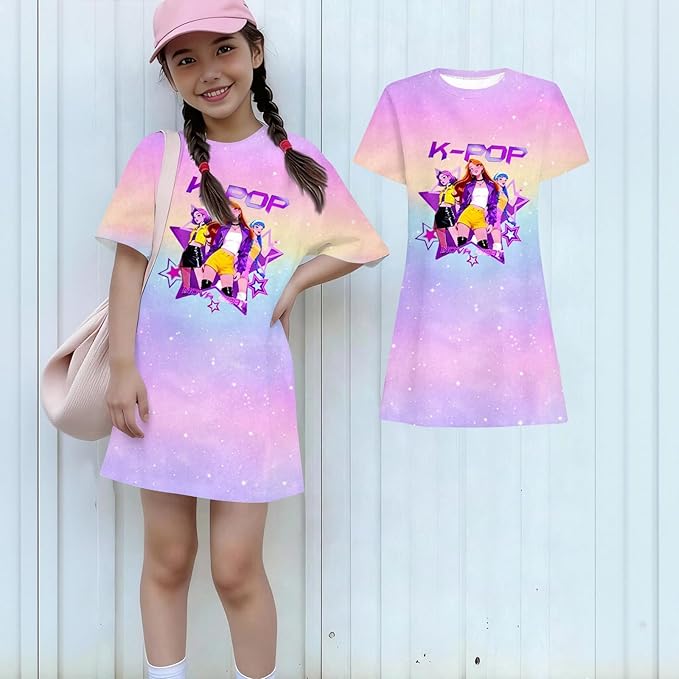Girl's Anime K-POP Graphic Long Dress T-Shirt - Casual Loose Fit Short Sleeve Top