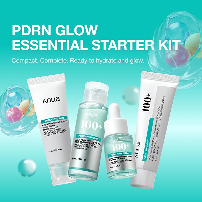 Anua Salmon DNA PDRN Glow Essential Starter Kit, Hyaluronic Acid Skincare Set, Glass Skin Routine with Firming & Hydrating Cleanser, Toner, Serum & Cream, Mini Travel Essentials, Korean Skincare Gift