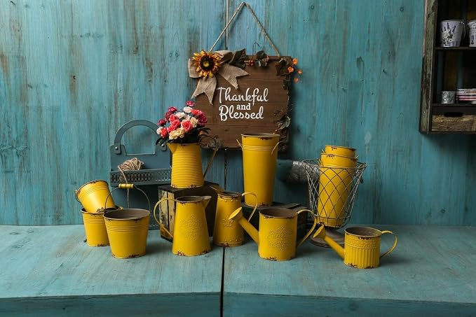 French Style Shabby Chic Vase Metal Flower Vase Vintage Jug Rustic Farmhouse Decor for Home, Yellow