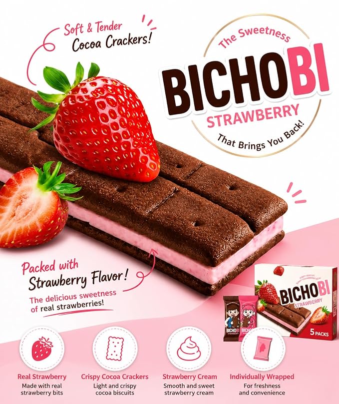 BICHOBI Strawberry Chocolate Biscuit Sandwich Cookies, 5 Packs, Korean Snack