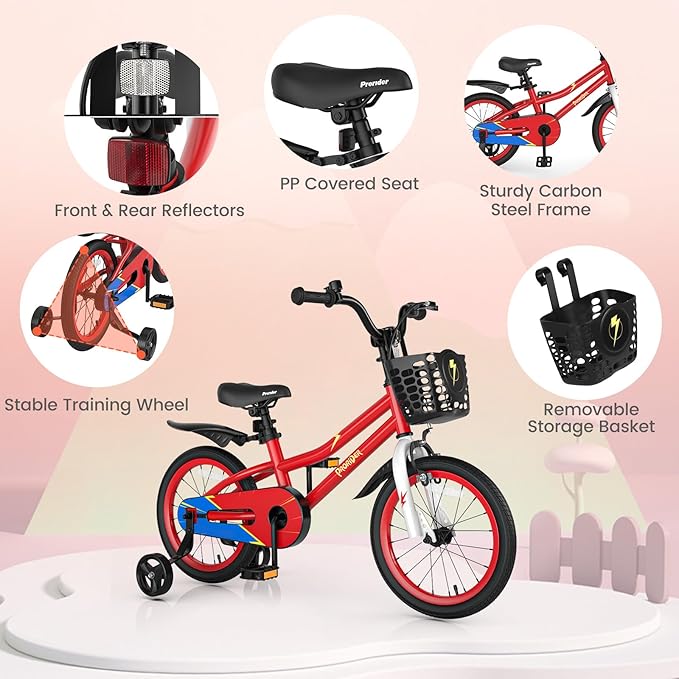 BABY JOY Kids Bike, 12 14 16 18 20 Inch Children Bikes for Boys Girls Teens 3-8 8+ Years w/Training Wheels or Kickstand, Handbrake, Coaster Brake & Removable Basket, Kids Bicycle of Multiple Colors