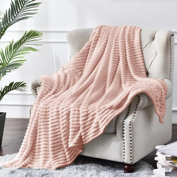 BEDELITE 3D Ribbed Light Pink Fleece Throw Blanket for Couch, 50x60 Inch | Soft Warm Decorative Fluffy Blanket, Cozy Plush Lightweight Fuzzy Throw Blanket for Bed Sofa Home Room Decor, Gift for Women