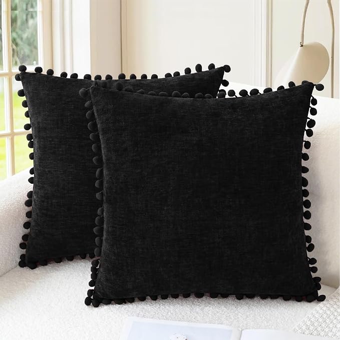 CaliTime Decorative Couch Throw Pillow Covers 22 X 22 Inches Black | Pack of 2, Cozy Chenille Cushion Cases, with Pom Poms for Sofa Bed Living Room Farmhouse Home