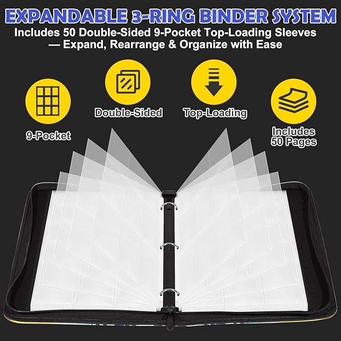 9 Pocket Top-Loading Trading Card Binder, 900 Pockets Card Book Holder with 50 Removable Sleeves, Double-Sided 3-Ring Zip,Waterproof PU Cover with Full Zipper,Card Albums Gifts for Serious Collectors