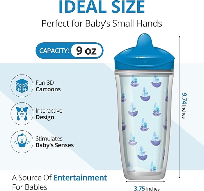 Playtex Baby Sipsters Hard Spout Sippy Cup for 12+ Months, 9 Ounce (2 Count), Blue Anchor & Sailboat Design, Insulated Toddler Water Bottle for Kids, Spill-Proof Cups for Toddlers 1-3, Stage 3