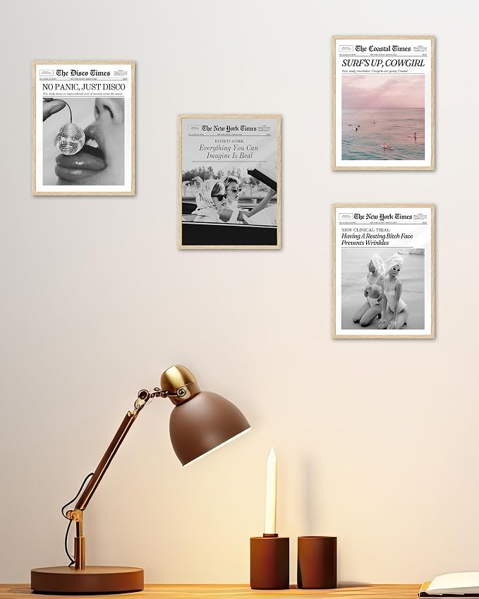 iHery 8x10in Funny Beach Girls Framed Newspaper Wall Art | Natural OAK Wood Frame with Canvas Print, Retro Magazine Decor for Bathroom, Bedroom, Girl Dorm, Living Room 1Pack