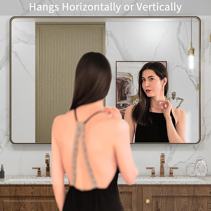LOAAO 48"X32" Bronze Bathroom Mirror | Rounded Rectangle, Brushed Bronze Metal Frame, Anti-Rust, Tempered Glass, Hangs Horizontally or Vertically