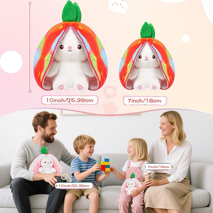 MIAODAM Rainbow Strawberry Bunny Stuffed Animal, Rainbow and Strawberry Bunny Plush Turn Into Rabbit Fruit Doll, Plushie Funny Bunny Toy for Baby (10 inch)