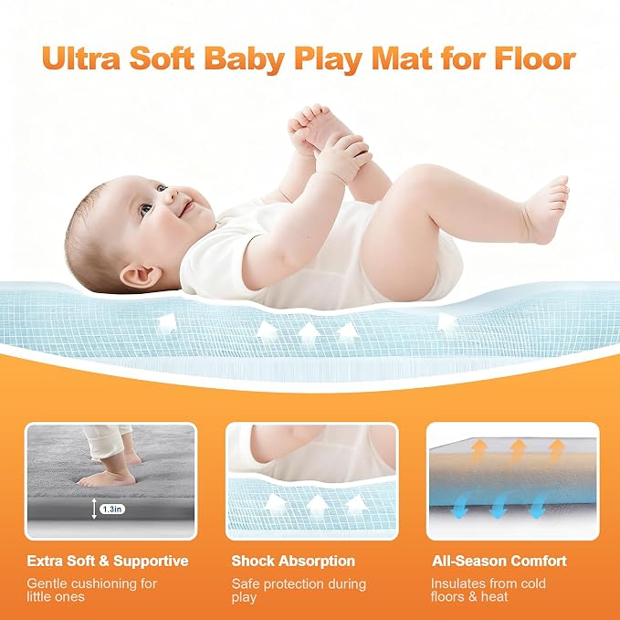 Ultra Soft Play Mat for Floor, 50"x50" Playpen Mat, 1.3" Thick Memory Foam, Non-Slip Tummy Time Mat for Infants, Toddlers, and Kids – Water-Repellent Coral Velvet, Easy Care