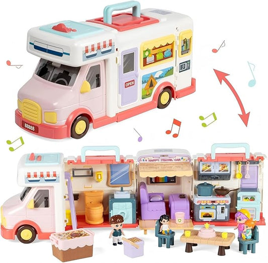 Doll House Toys for Girls 3 4 5 6 7 8+ Year Old, Transformable House Pretend Play Set Dollhouse Inertia Vehicle with Sound and Music for Birthday Gifts 3+