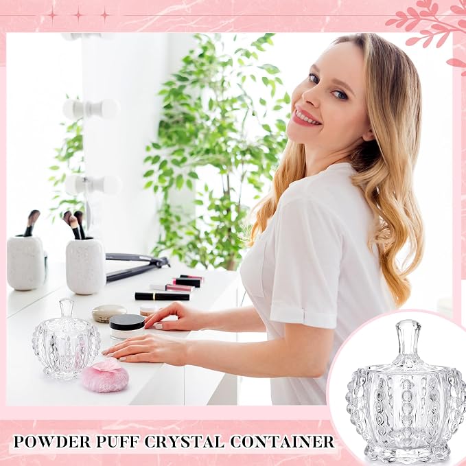 Tioncy 3 Pcs Large Body Powder Puff and Container Valentine's Day gift Powder Container with Puff Crystal Case Soft Washable Reusable Velour Face Body Glitter Wet Dry Makeup (Pearl,Clear)