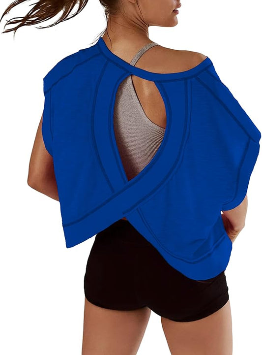 Kumufenc Women Short Sleeve Workout Shirts Open Back Tops Casual Yoga Y2k Athletic Gym Slouchy Crop Running Tees