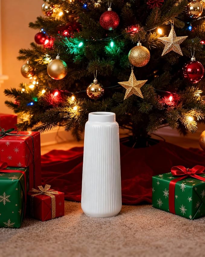 White Ceramic Vase, 8 Inch Conical Flower Vase with Narrow Mouth for Pampas Grass, Modern Tapered Decorative Vase for Home Decor, Living Room Table, Shelf