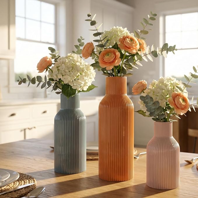Colorful Ceramic Vases Set of 3, Smooth Round Vertical Ribbed,Minimalist for Pampas Dried & Fresh Flowers, Centerpiece for Living Room, Shelf, Entryway, Wedding(Pink, Blue, Orange)