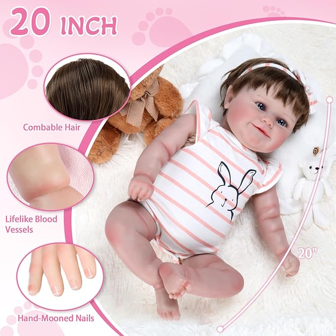 Ktaxon Reborn Baby Doll with 2 Set Clothes, 20-Inch Soft Cloth Body Realistic Baby Doll with All Accessories, Newborn Baby Dolls for 3+ Year Old Girls & Boy (Pink)