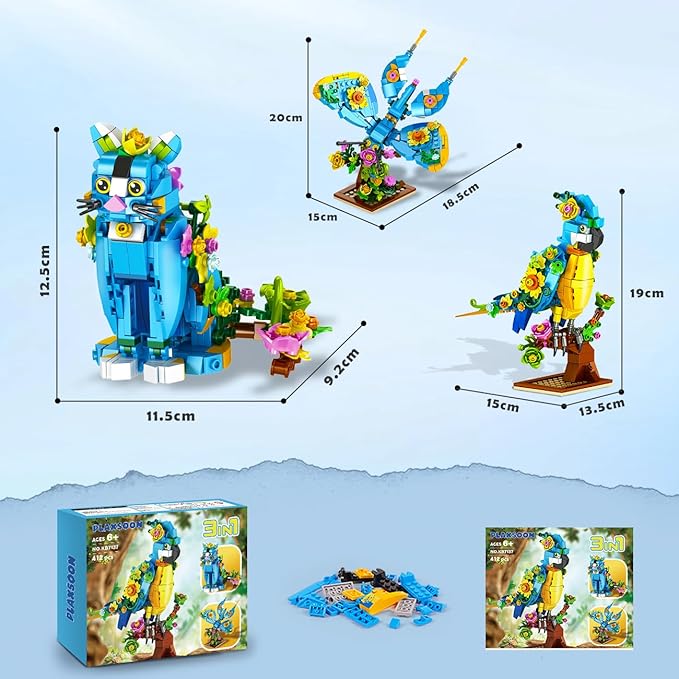 Flower Cat Building Set, 3 in 1 Floral Parrot Butterfly Animal Figure Building Toy for Home Office Art Decor, 412 PCS Building Block Gift for Adults Kids Boys Girls Ages 8 9 10 11 12+