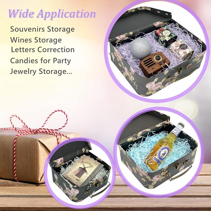 Decorative Boxes Set of 3 Decorative Storage Boxes With Lids, Cardboard box, Vintage Suitcase for Home Decoration, Photo Storage, Hat Boxes (Black Flowers)