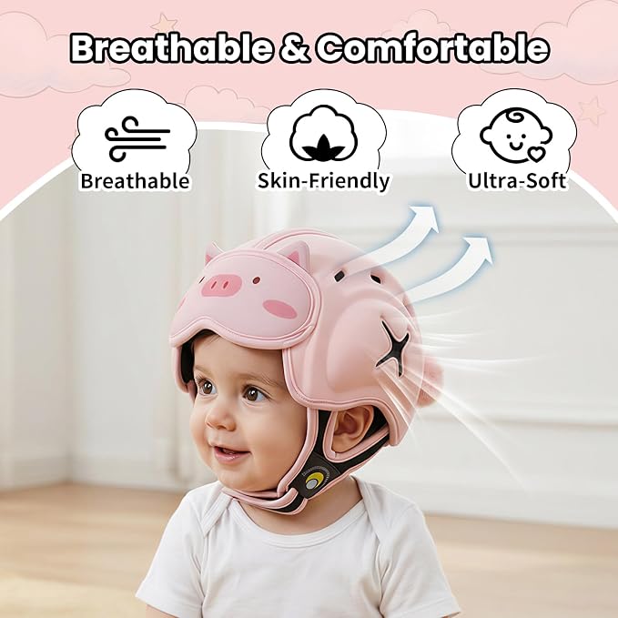 Baby Head Protector Baby Helmet for Crawling and Walking - No Bumps and Soft Safety Peak - Ultra Light and Adjustable Baby Head Protector Suitable for Babies 6-24 Months-Pink Piggy