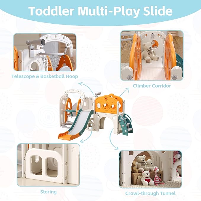 Toddler Slide and Swing Set for 1-3, 9 in 1 Kids Indoor Outdoor Playset, Baby Playground with Basketball Hoop, Telescope