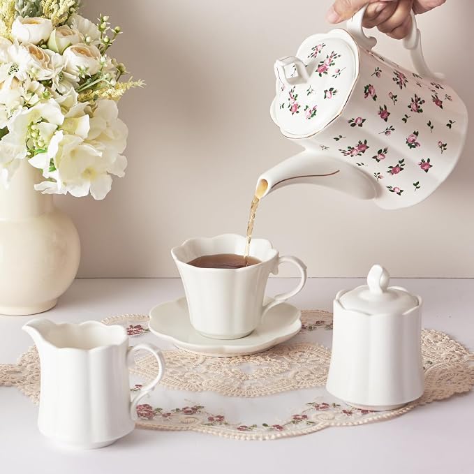 Vintage Floral Tea Pot with Infuser, 45oz, Ceramic Teapot with Tea Strainers for Loose Leaf Tea, Rose Teapots for Tea Party