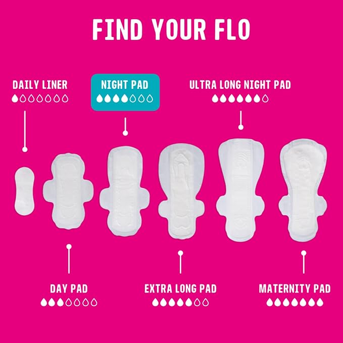 Flo - Night Menstrual Pads (80 Pack) - Organic Bamboo Period Pads for Women - Heavy Flow - Leak Locking - Winged, Ultra-Thin - Absorbent, Soft & Breathable - Plant Based – Vegan, Cruelty Free