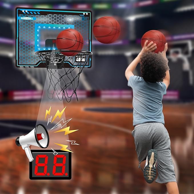 Mini Basketball Hoop Indoor for Kids, Basketball Hoop Over The Door with LED Lighting, Electronic Scoreboard & 3 Balls, Basketball Toys Gifts for 6 7 8 9 10 11 12 Year Old Teen Boys Christmas
