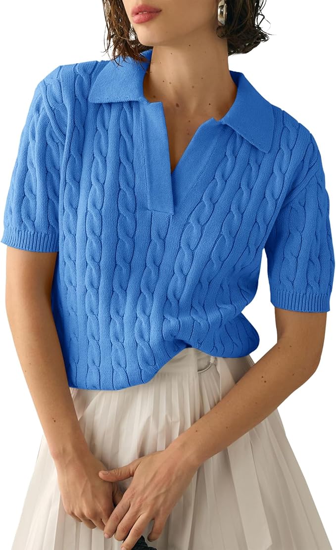 Imily Bela Womens Cable Short Sleeve Sweaters Tops Lapel V Neck Knit Shirt | Solid,Knit Casual,Soft Pullover,Fall Sweaters,Womens Summer Work Tops