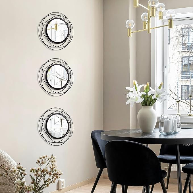 3 Set Round Mirrors for Wall Decor Living Room Bedroom Bathroom Dining Room Metal Circle Mirror Set Boho Decorative Sunburst Wall Art Accent Entryway - Black 9.5 in